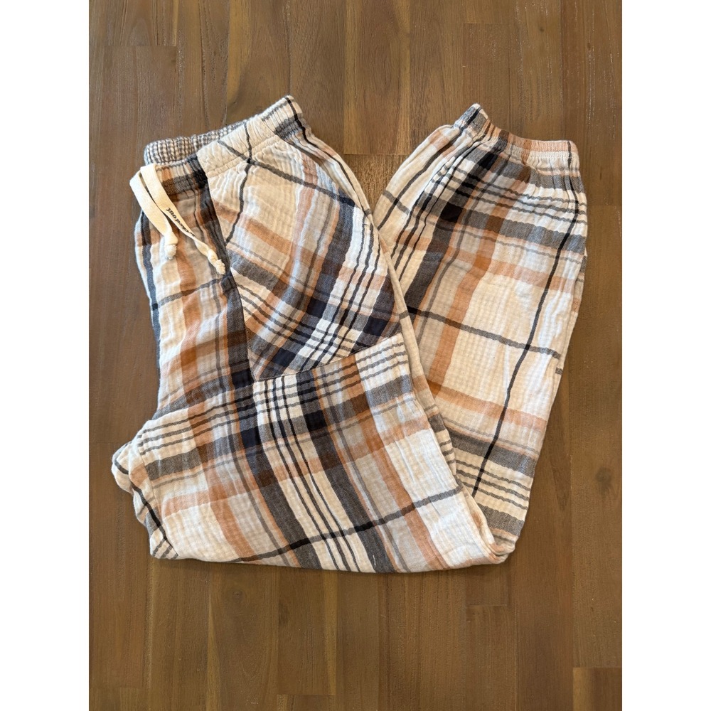 Aerie Plaid Cotton Gauze Pajama Jogger Pants Tan Cream Small